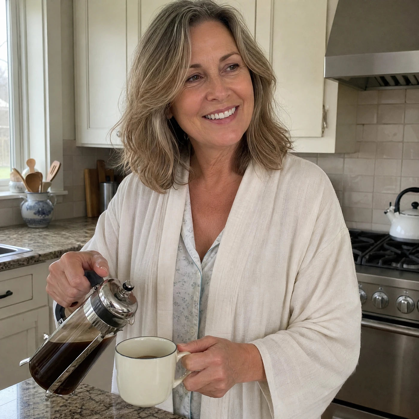 Denise smiling and relaxed in her kitchen in the morning, making coffee