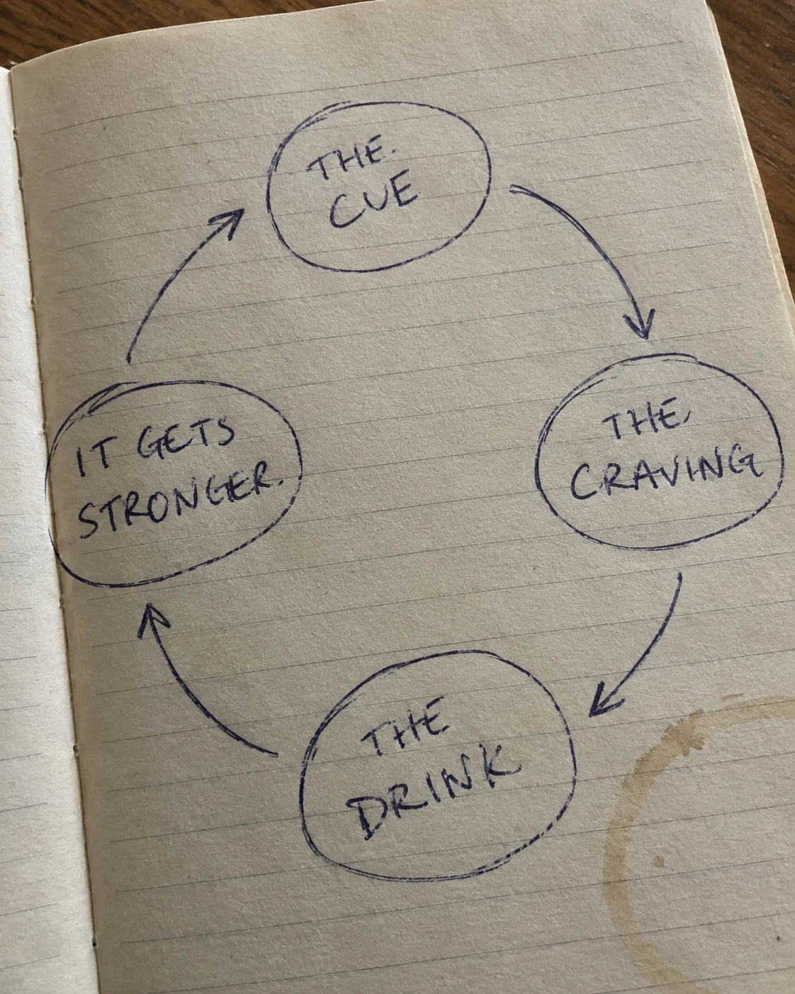 Hand-drawn diagram of the craving loop: cue, craving, drink, reinforcement