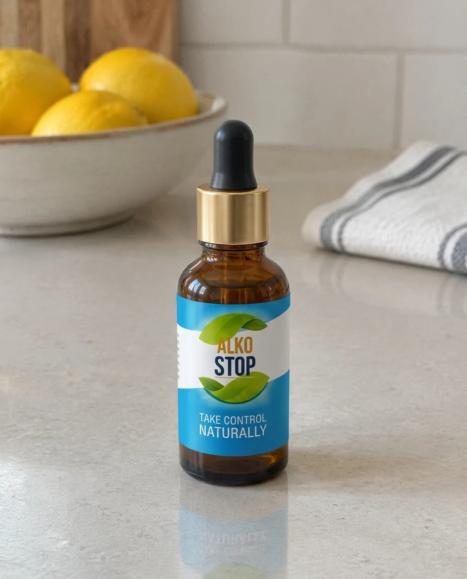 Adding AlkoStop drops to a glass of water in the kitchen