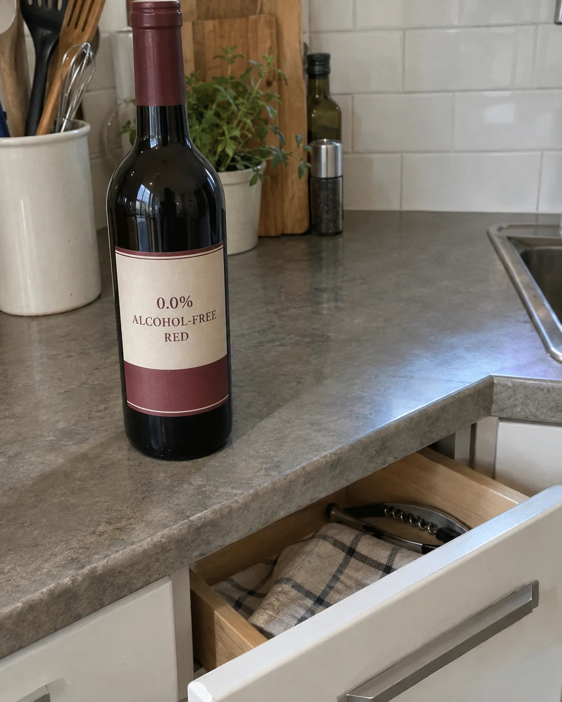 An unopened non-alcoholic wine bottle next to a corkscrew hidden in a kitchen drawer