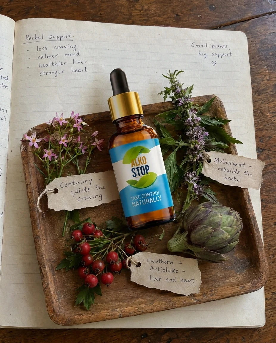 Journal page with AlkoStop bottle, Centaury, Hawthorn, Motherwort and Artichoke laid out with handwritten tags