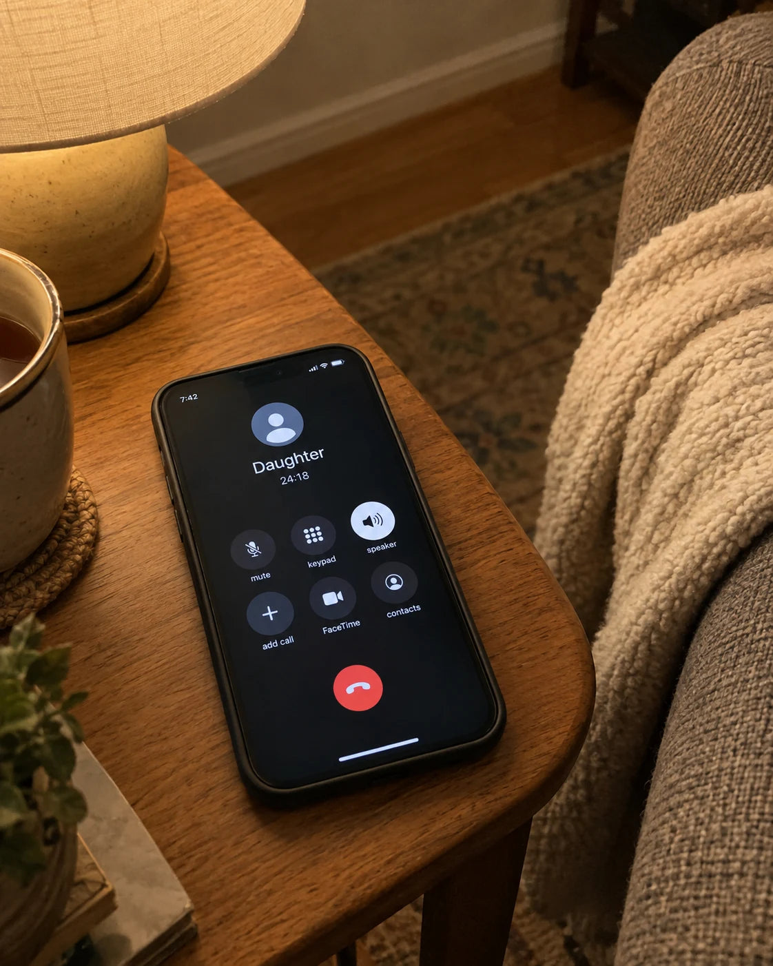 Phone on a side table showing an active call with Daughter, 24 minutes 18 seconds