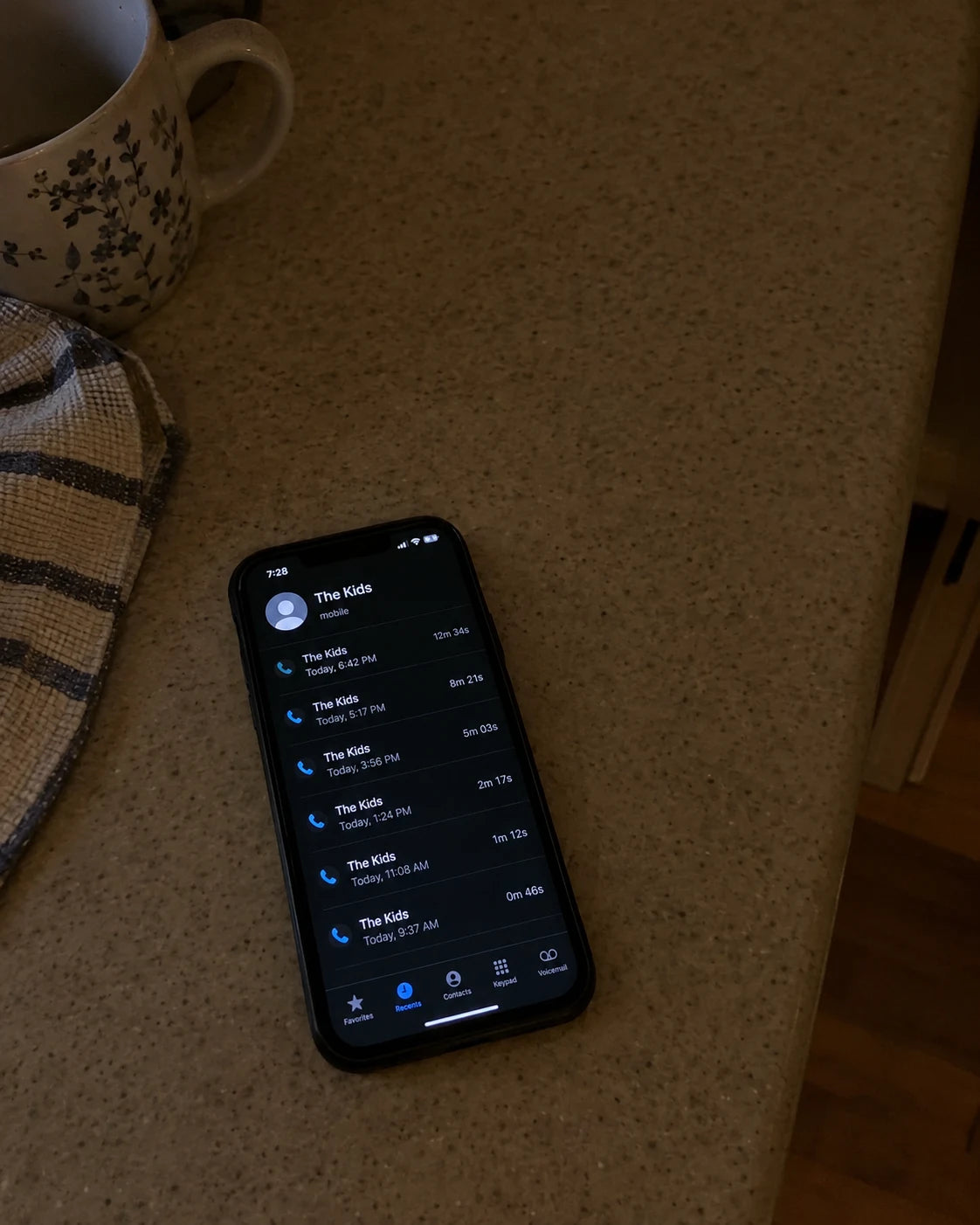 Phone screen showing a call log from the kids with shrinking call durations