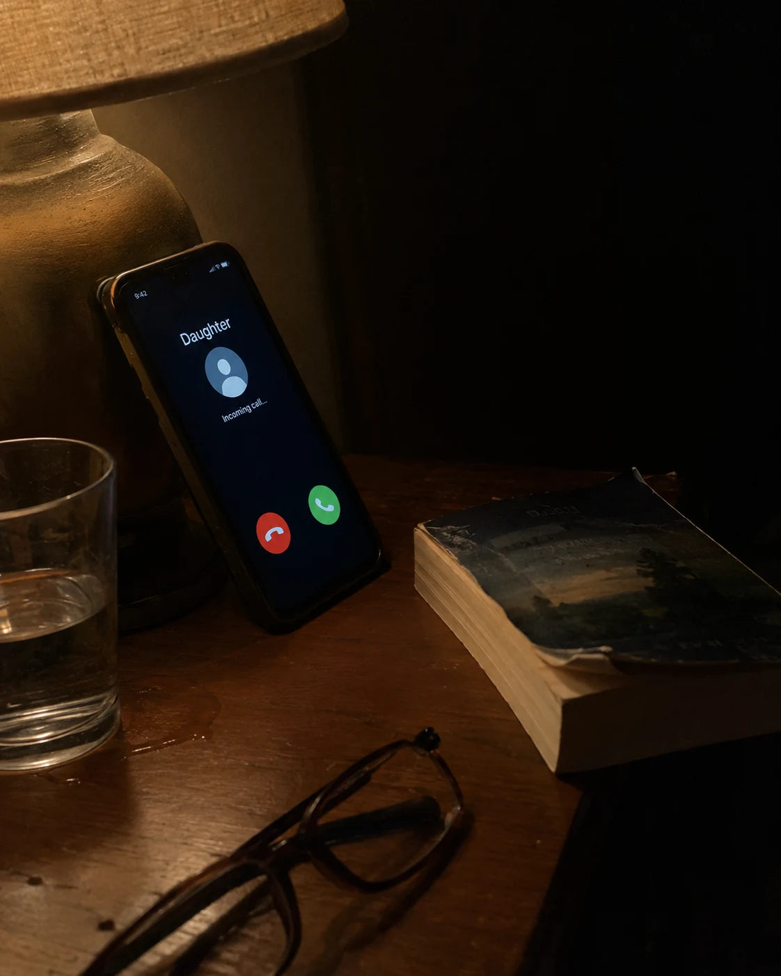 Phone propped on a nightstand showing an incoming call from Daughter