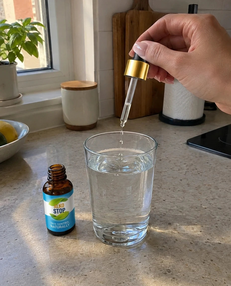 A dropper of AlkoStop going into a glass of water next to the bottle