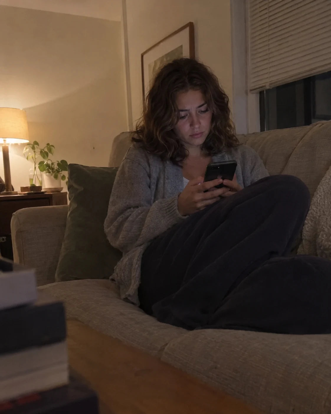 Woman sitting alone on a couch at night looking worriedly at her phone