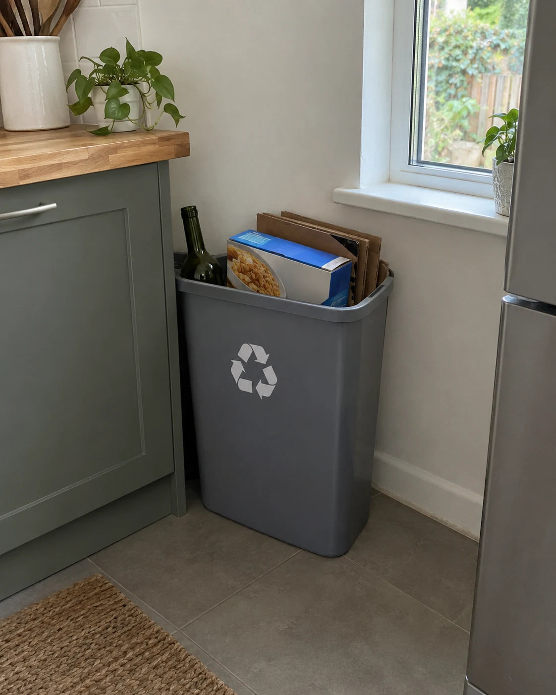 Empty wine bottle hidden in a kitchen recycling bin