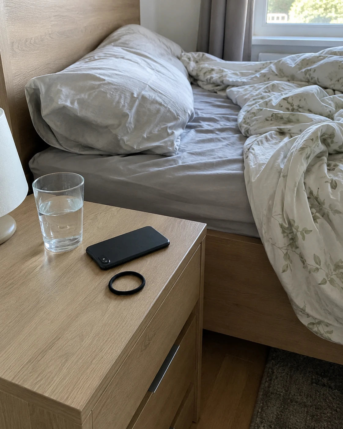Nightstand the next morning, phone face-down beside a glass of water, bed left unmade