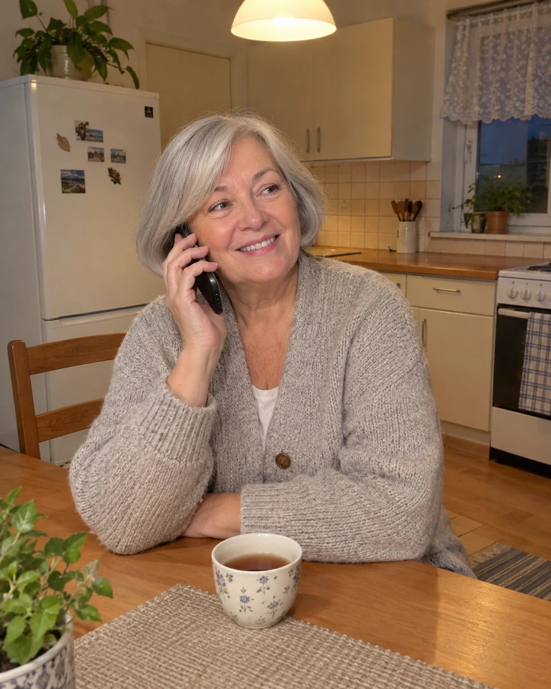 Older woman smiling warmly while on a phone call in her kitchen