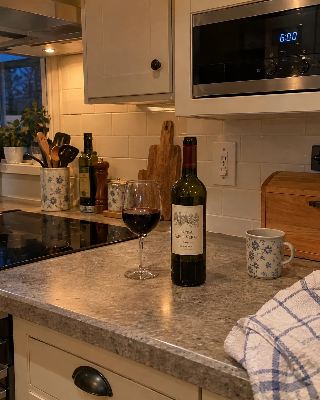 Kitchen counter at 6pm with a glass of wine