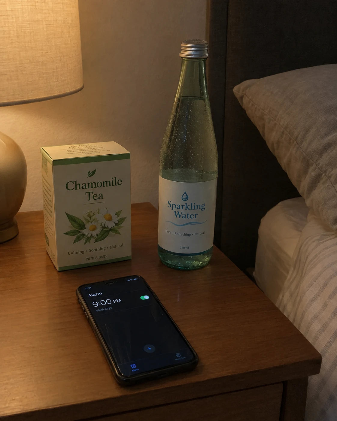 Herbal tea and sparkling water on a nightstand, untouched