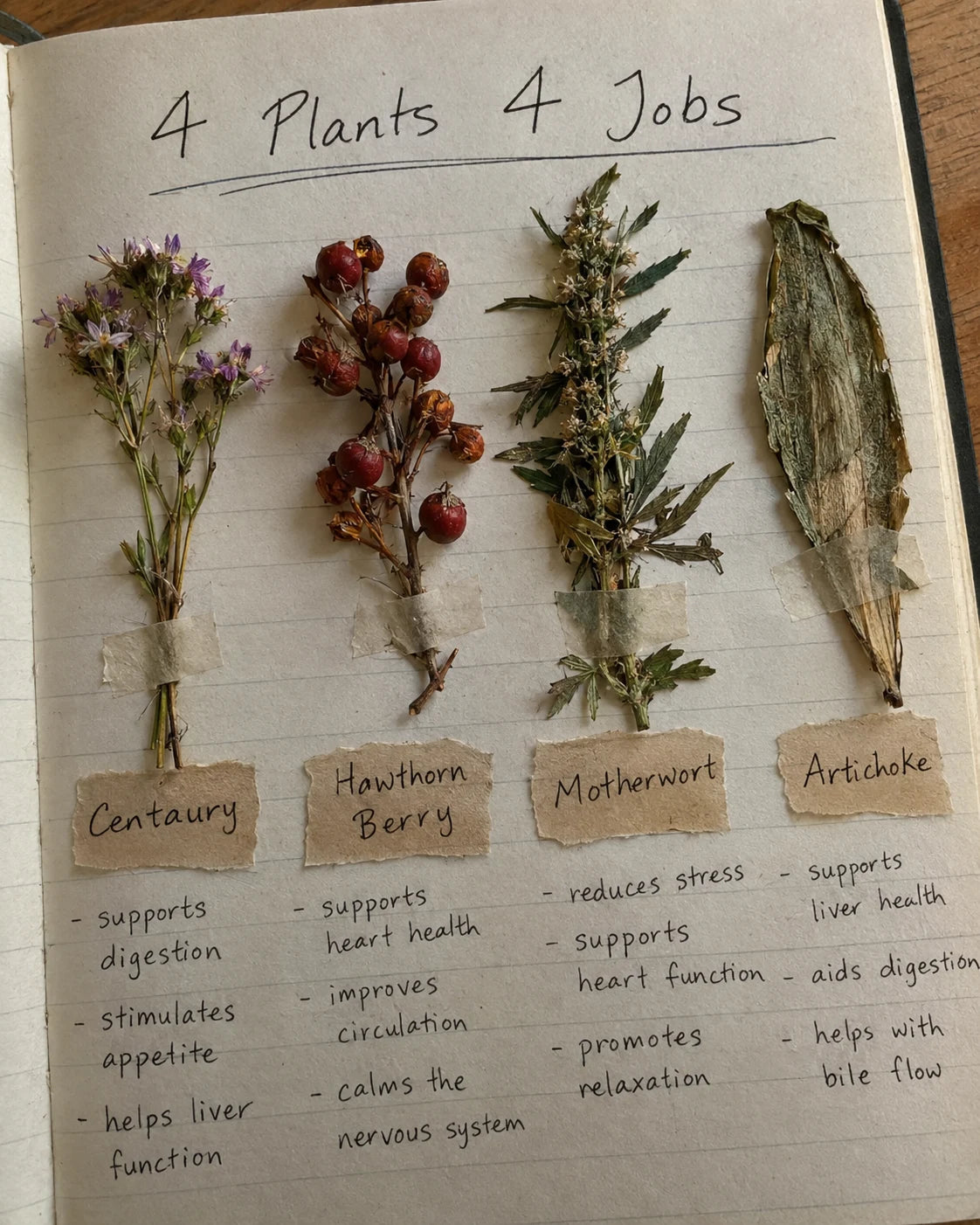 Four plant extracts labeled: Centaury, Hawthorn Berry, Motherwort, Artichoke