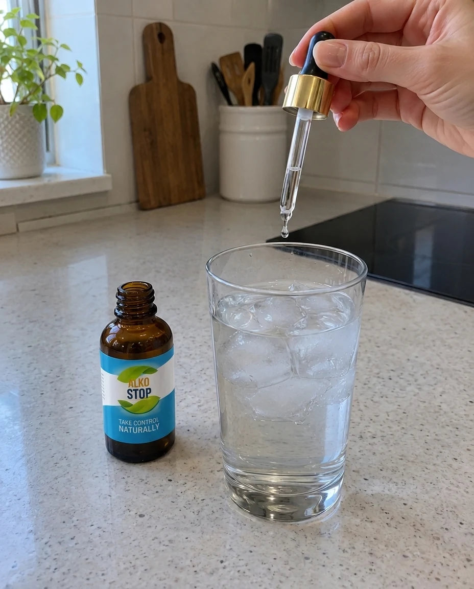AlkoStop dropper bottle next to a glass of water