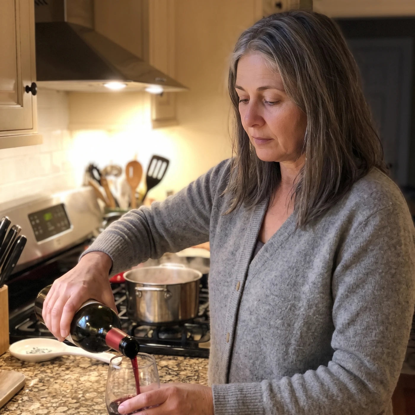Woman pouring a glass of red wine at her kitchen counter while dinner simmers on the stove