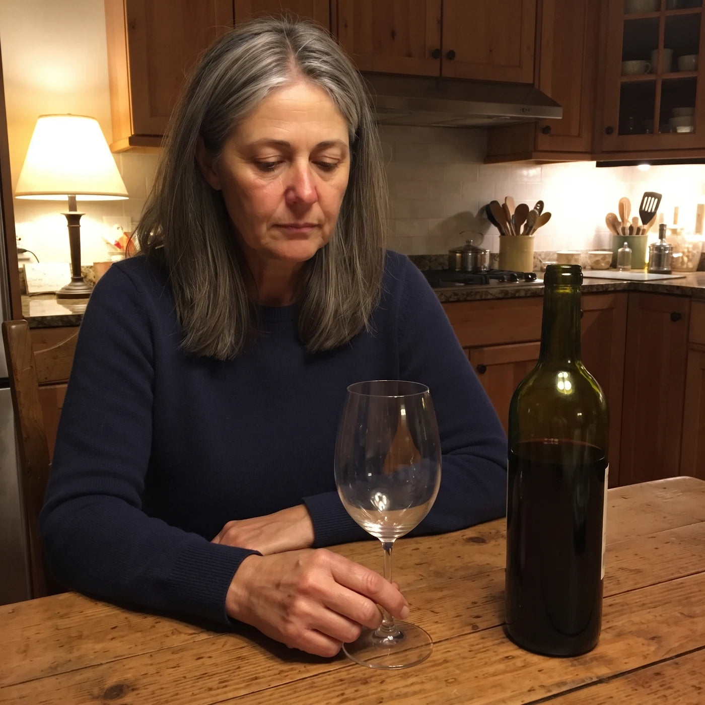 Woman sitting alone at her kitchen table in the evening, staring at an empty wine glass without satisfaction