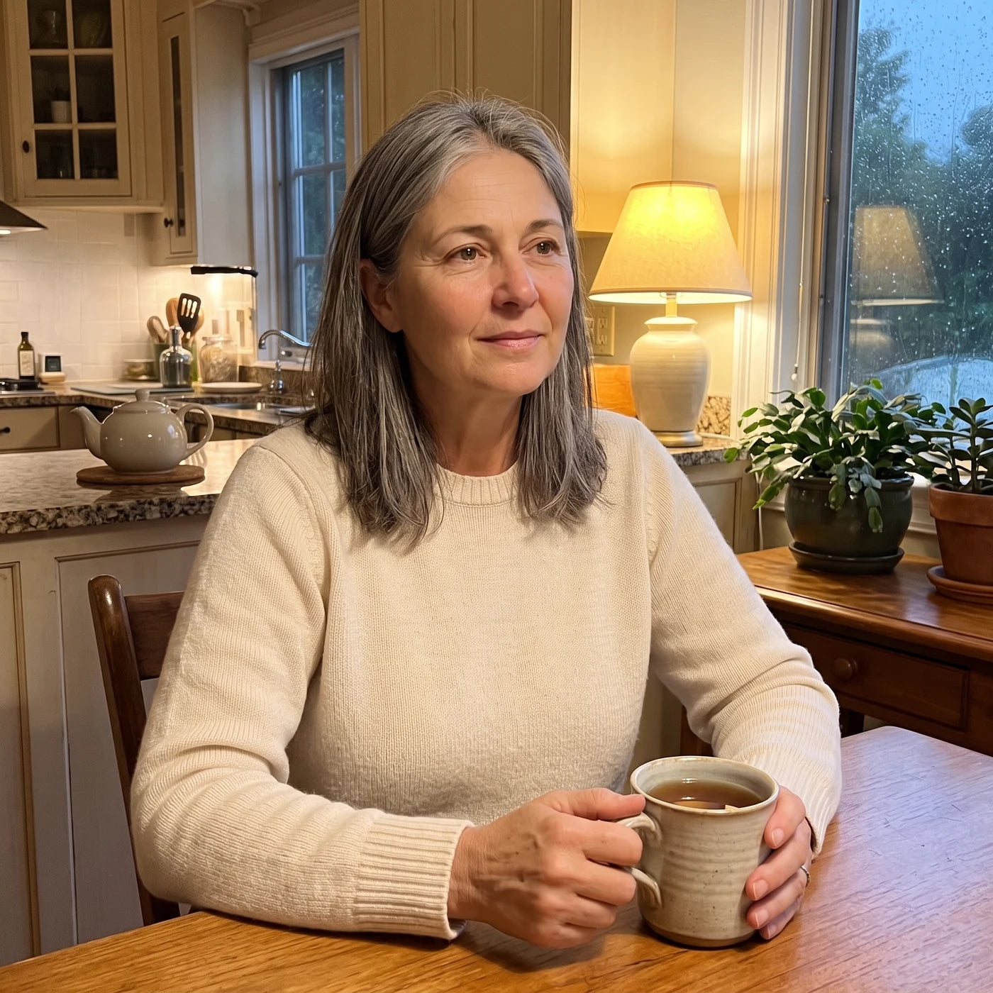 Woman sitting calmly at her kitchen table in the evening with a cup of tea instead of wine
