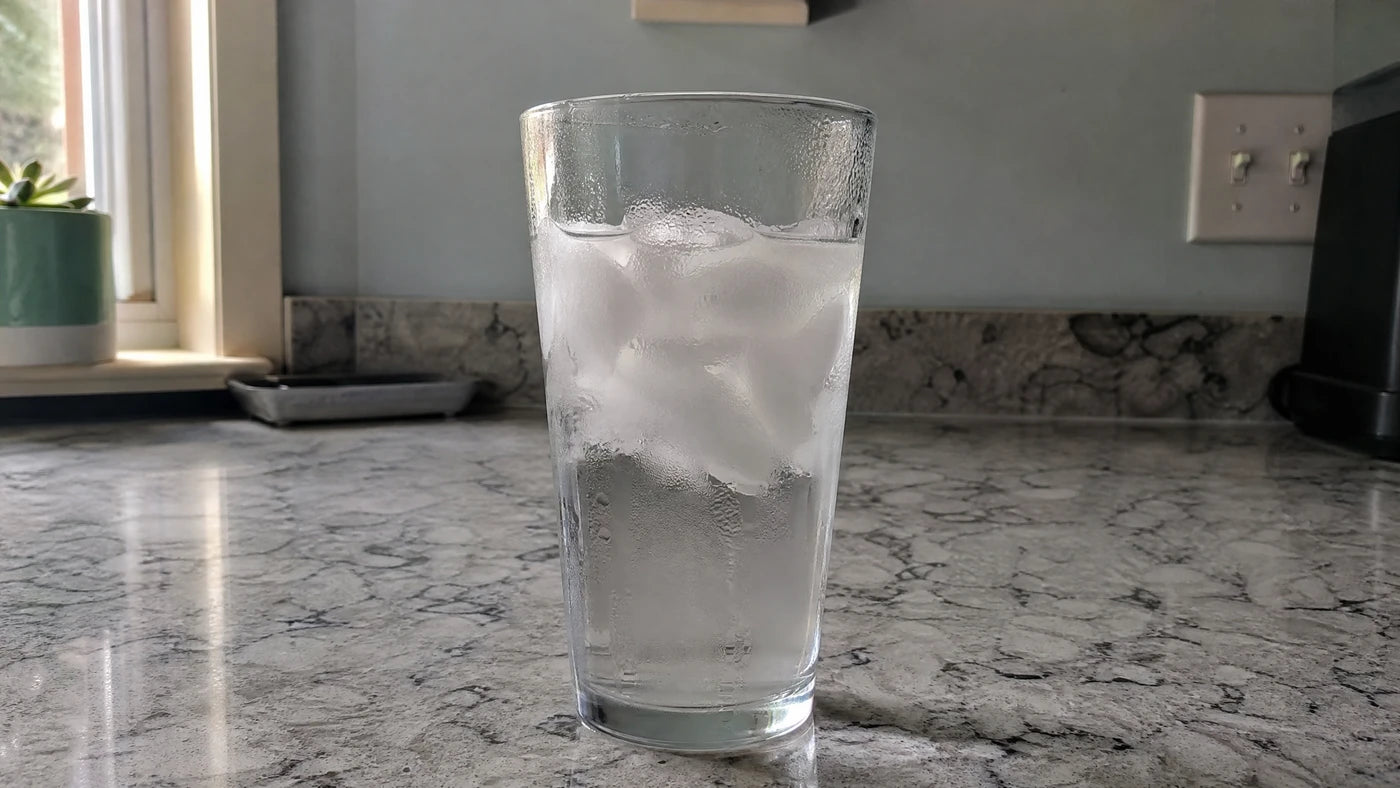 A tall glass of water with ice on a kitchen counter in soft morning light