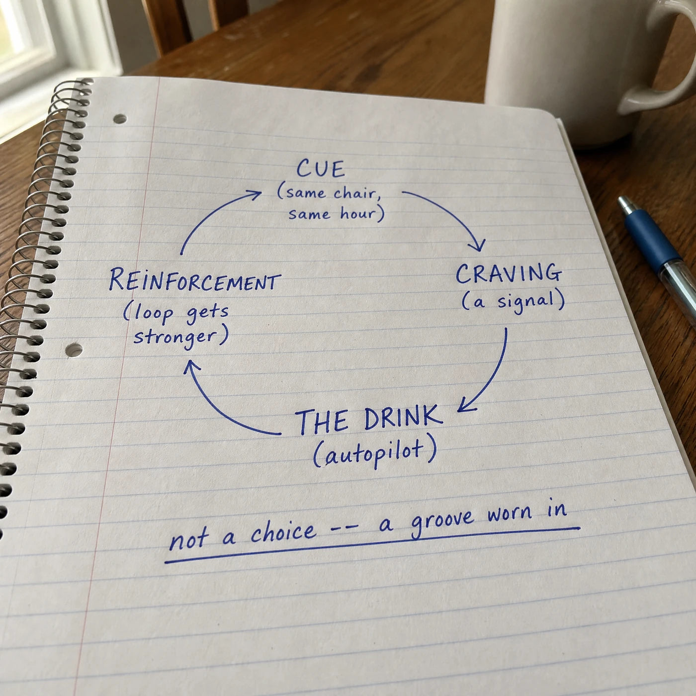 Handwritten notebook diagram of the craving loop: cue, craving, the drink, reinforcement