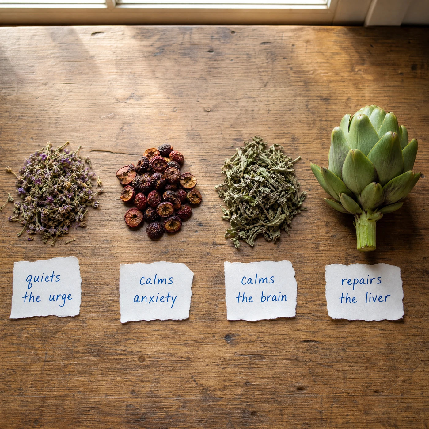Four real plant ingredients laid out with handwritten tags naming each one's job