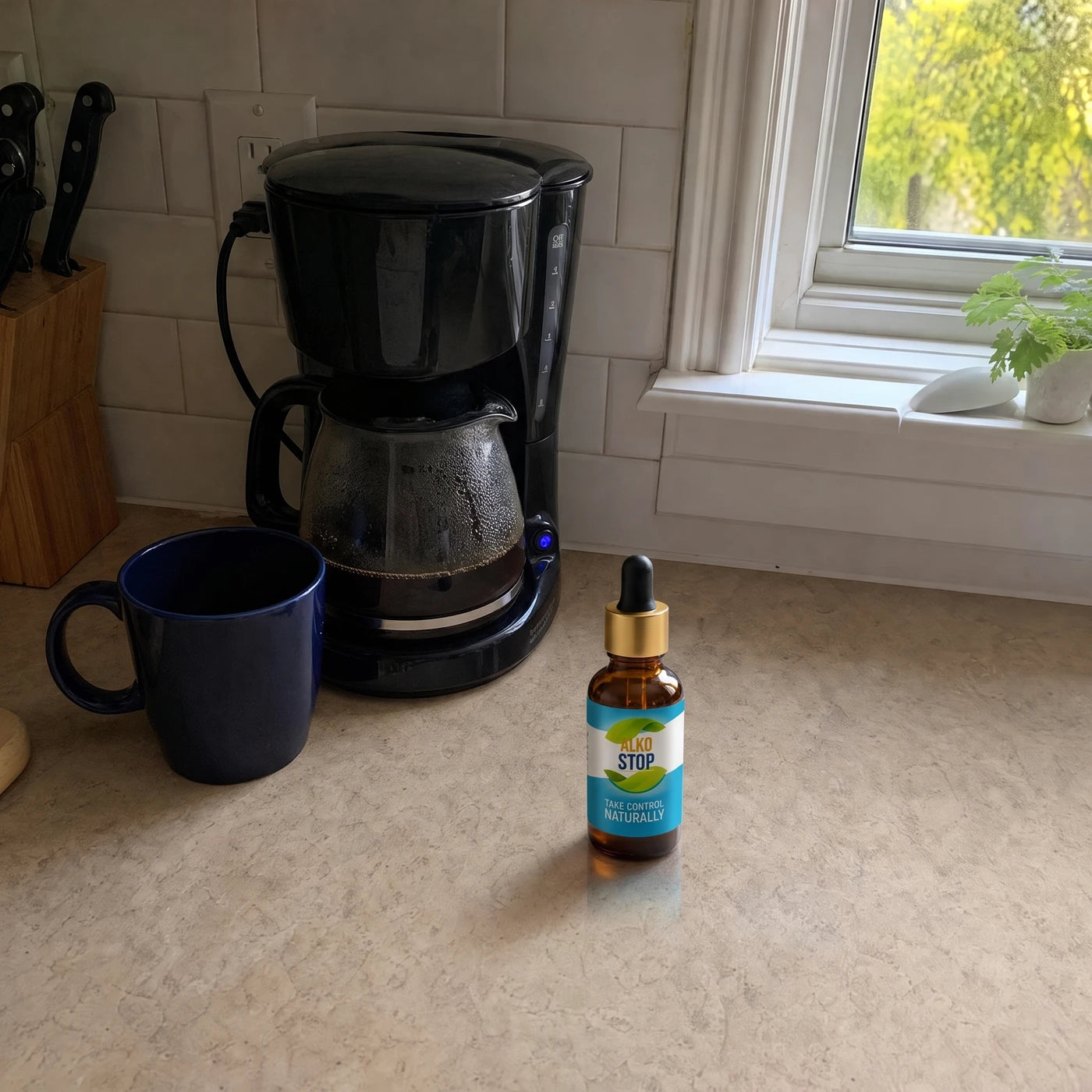 A small AlkoStop dropper bottle sitting on the kitchen counter beside the coffee maker