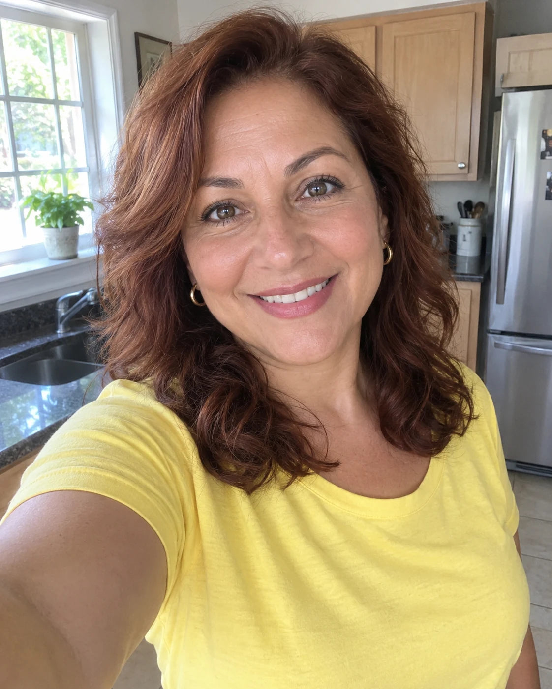 Woman taking a bright, happy selfie in a sunlit kitchen in the morning
