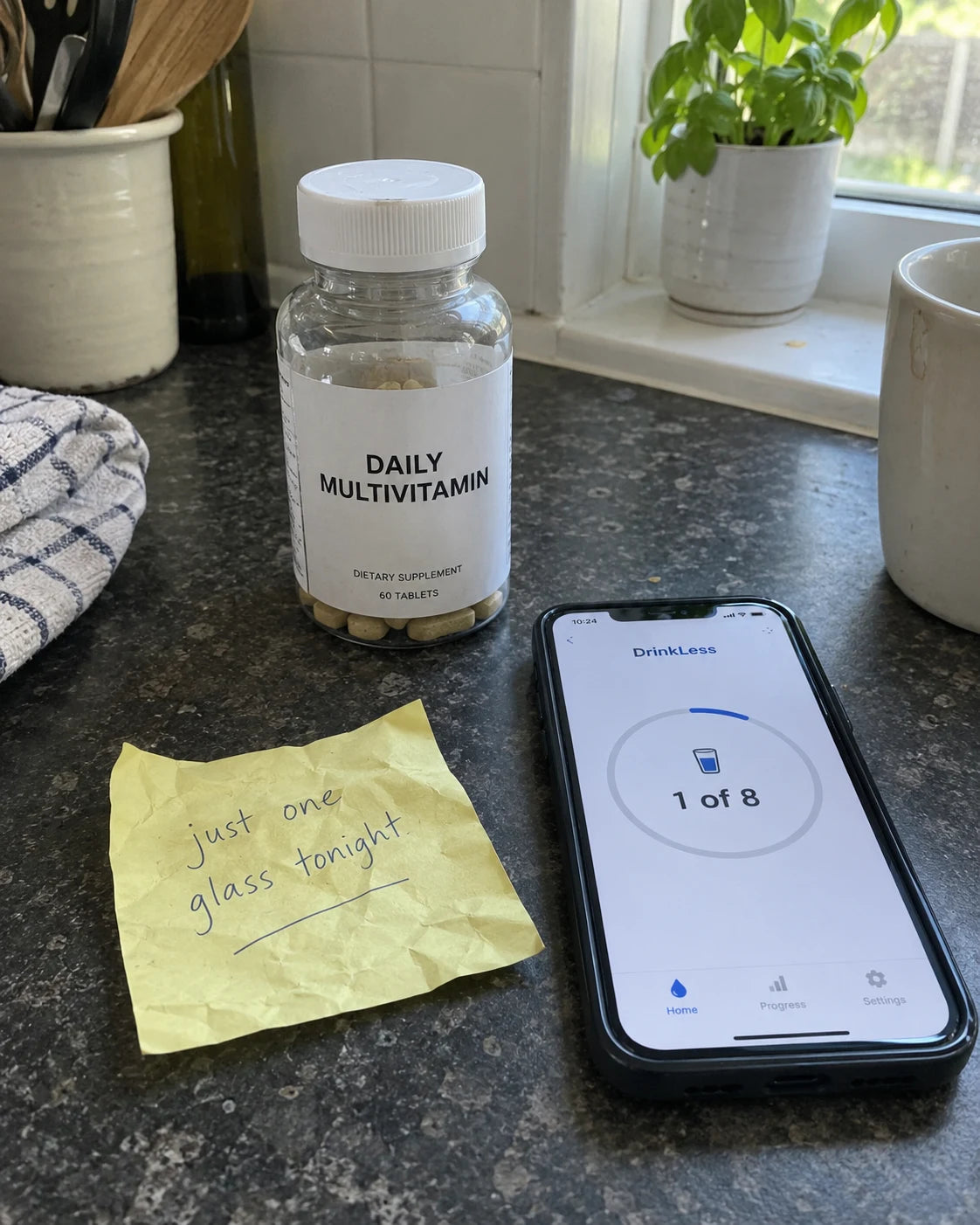 A tracking app, a generic multivitamin bottle, and a sticky note reading just one glass tonight, sitting on a counter
